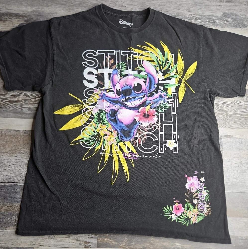 Disney Lilo & Stitch Graphic Tshirt Black Large Hawaiian Tropical Theme - Picture 2 of 8